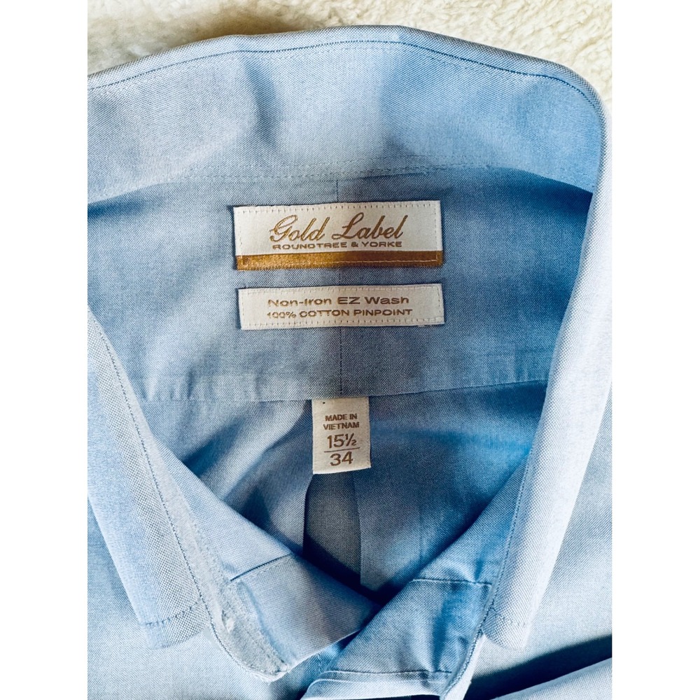 Roundtree & Yorke Gold Label Shirt Mens 15.5 34 Blue Non-Iron Pinpoint Oxford - Picture 3 of 13